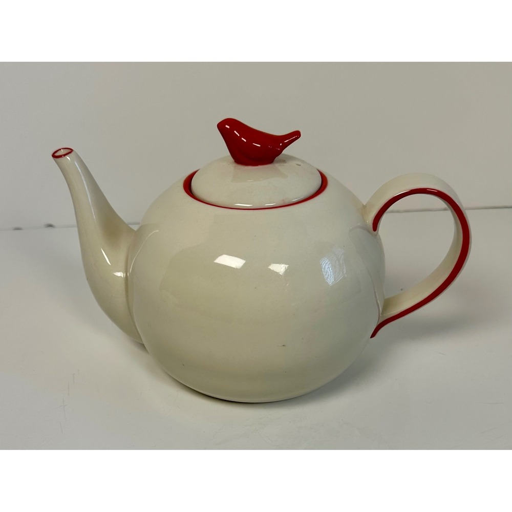 Tag Cream Ceramic Teapot with Red Bird Finial and Trim Farmhouse Style